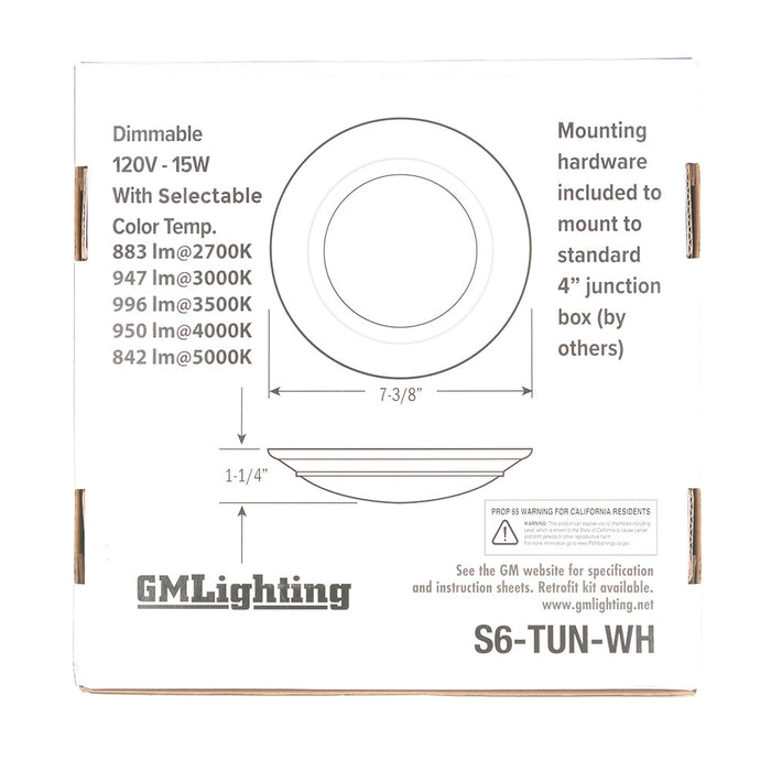 GM Lighting 6 Inch LED Surface Mount Downlight 120VAC 15W CCT Selectable 2700K/3000K/4000K 90 CRI White (S6-TUN-WH)