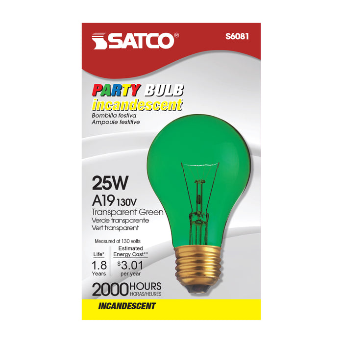 SATCO/NUVO 25W A19 Incandescent 130V Medium (E26) Base Transparent Green Bulb (A19GRN25T)