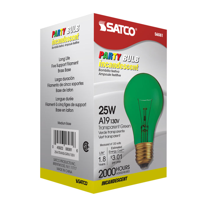 SATCO/NUVO 25W A19 Incandescent 130V Medium (E26) Base Transparent Green Bulb (A19GRN25T)