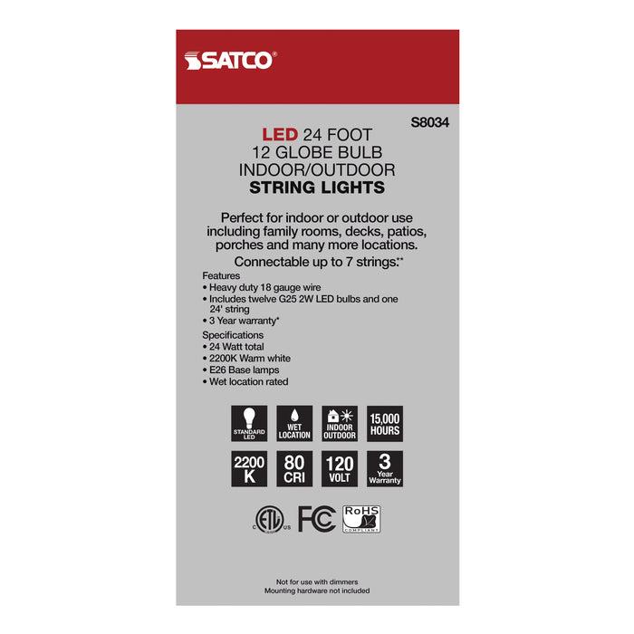 SATCO/NUVO 24 Foot LED String Light Includes 12-G25 Bulbs 2000K 120V (S8034)