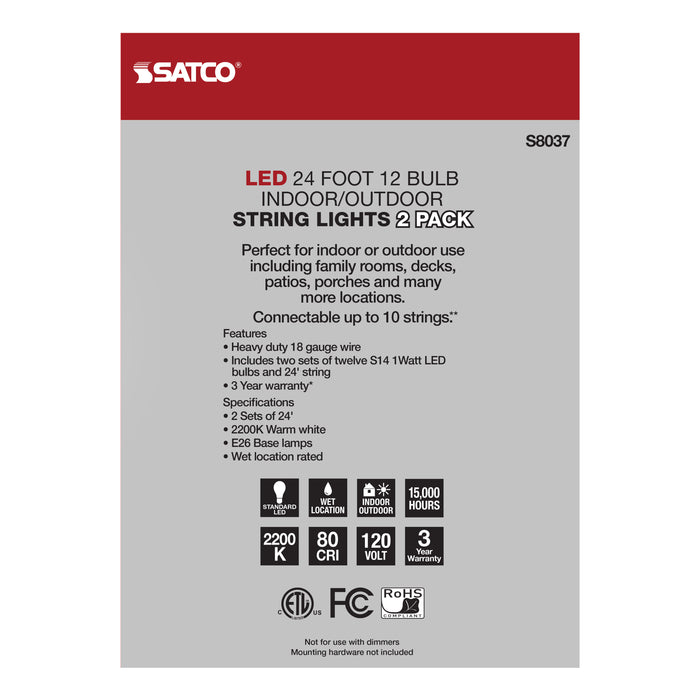 SATCO/NUVO 2 Pack 24 Foot LED String Light Includes 12-S14 Bulbs 2000K 120V (S8037)