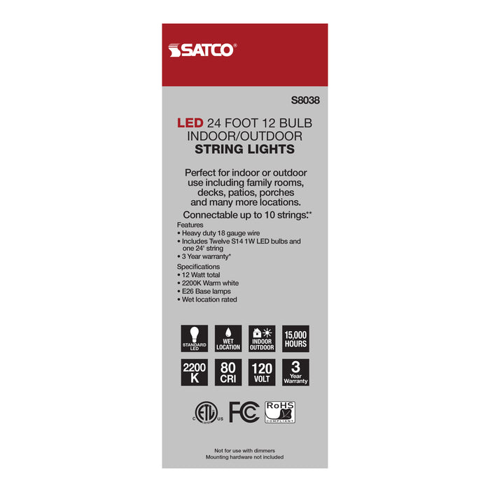 SATCO/NUVO 24 Foot LED String Light Includes 12-S14 Bulbs 2000K White Cord (S8038)