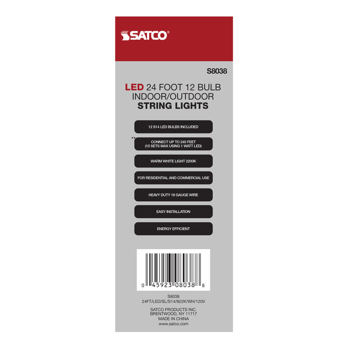 SATCO/NUVO 24 Foot LED String Light Includes 12-S14 Bulbs 2000K White Cord (S8038)