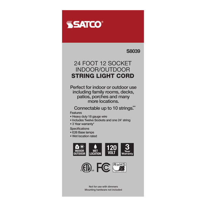 SATCO/NUVO 24 Foot LED String Light 12 Socketed Black Cord And Plug Only (S8039)