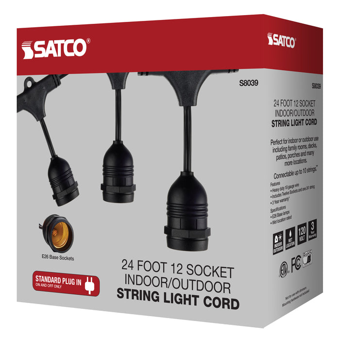 SATCO/NUVO 24 Foot LED String Light 12 Socketed Black Cord And Plug Only (S8039)