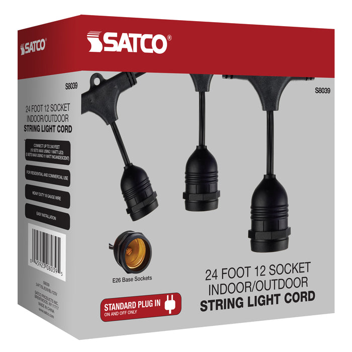 SATCO/NUVO 24 Foot LED String Light 12 Socketed Black Cord And Plug Only (S8039)