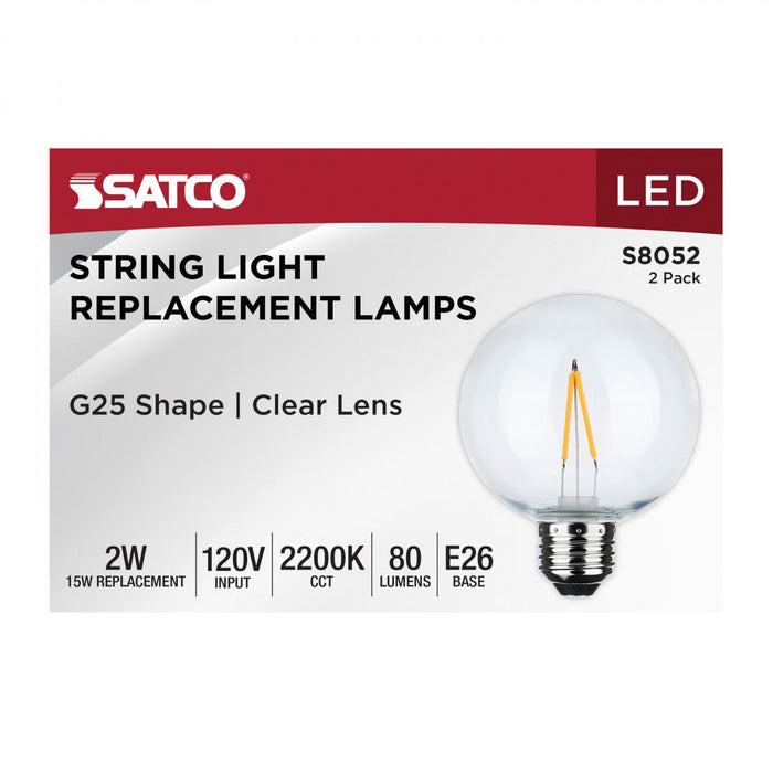 SATCO/NUVO Replacement LED String Light Lamp 2W G25 2200K Clear 120V Medium E26 Base 2-Pack (S8052)