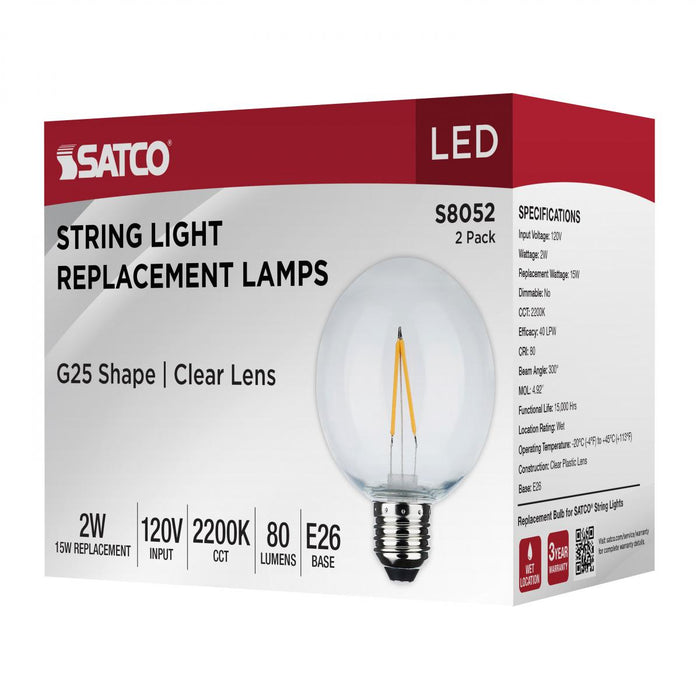 SATCO/NUVO Replacement LED String Light Lamp 2W G25 2200K Clear 120V Medium E26 Base 2-Pack (S8052)