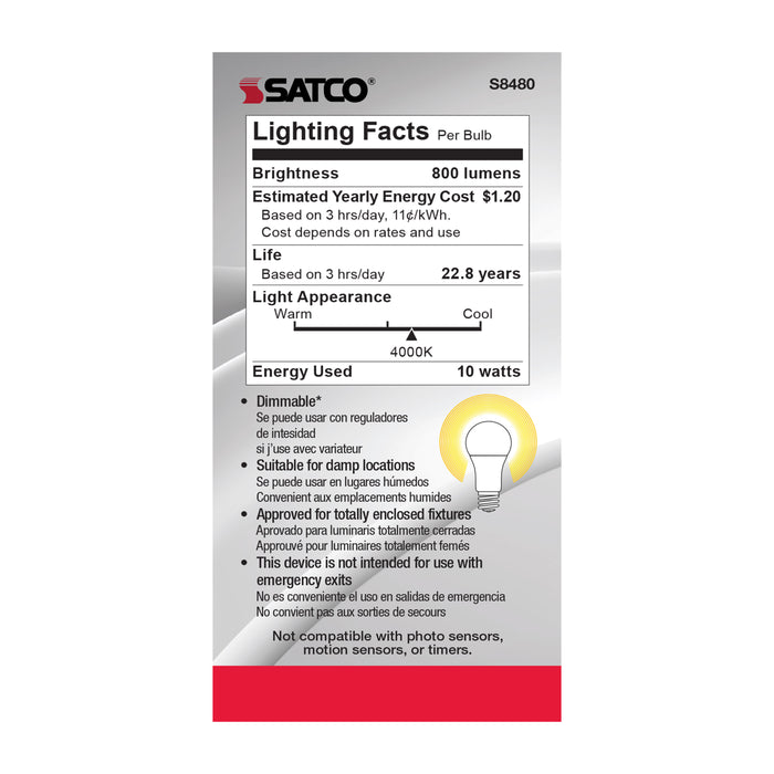 SATCO/NUVO 10W A19 LED Frosted 4000K Medium Base 120V (S8480)
