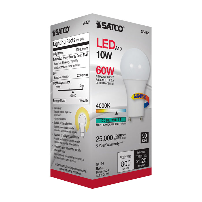 SATCO/NUVO 10W A19 LED Frosted 4000K GU24 Base 120V (S8482)