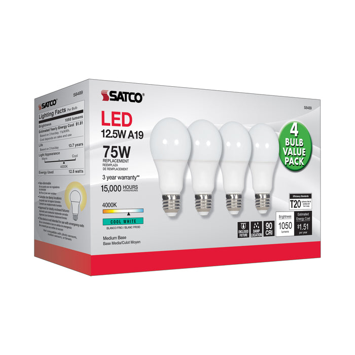 SATCO/NUVO 12.5W A19 LED 4000K Medium Base 120V 4-Pack (S8489)