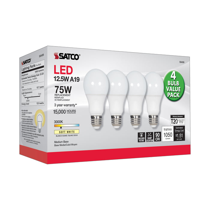 SATCO/NUVO 12.5W A19 LED 3000K Medium Base 120V 4-Pack (S8499)