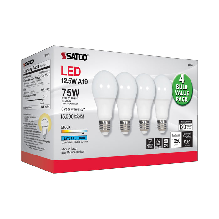 SATCO/NUVO 12.5W A19 LED 5000K Medium Base 120V 4-Pack (S8565)