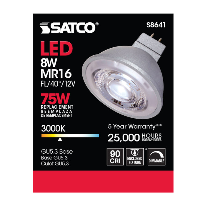 SATCO/NUVO 8MR16/LED/40'/30K/90CRI/12V 8W LED MR16 3000K 40 Degree Beam Spread GU5.3 Base 12V (S8641)