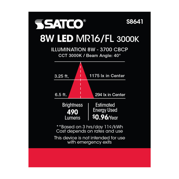 SATCO/NUVO 8MR16/LED/40'/30K/90CRI/12V 8W LED MR16 3000K 40 Degree Beam Spread GU5.3 Base 12V (S8641)