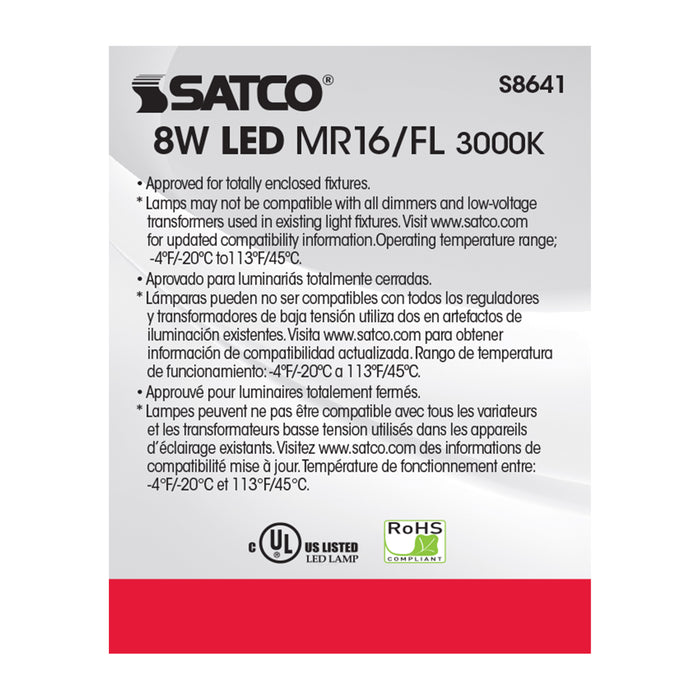 SATCO/NUVO 8MR16/LED/40'/30K/90CRI/12V 8W LED MR16 3000K 40 Degree Beam Spread GU5.3 Base 12V (S8641)