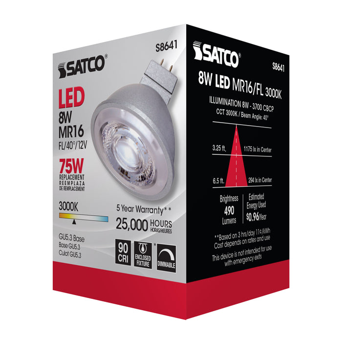SATCO/NUVO 8MR16/LED/40'/30K/90CRI/12V 8W LED MR16 3000K 40 Degree Beam Spread GU5.3 Base 12V (S8641)