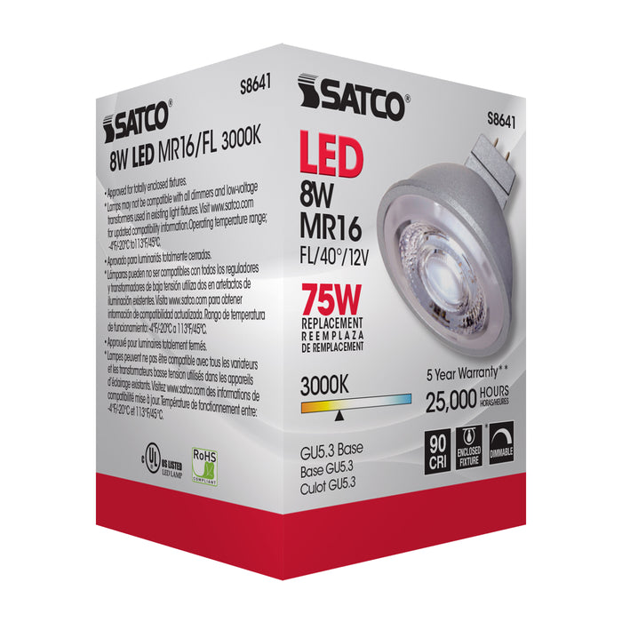 SATCO/NUVO 8MR16/LED/40'/30K/90CRI/12V 8W LED MR16 3000K 40 Degree Beam Spread GU5.3 Base 12V (S8641)