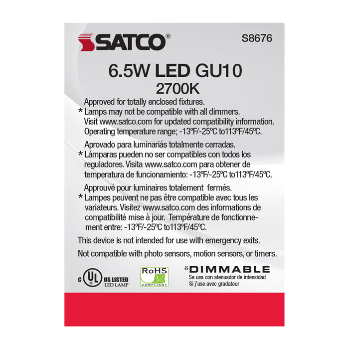 SATCO/NUVO 6.5W LED MR16 2700K 25 Degree Beam Spread GU10 Base 120V (S8676)