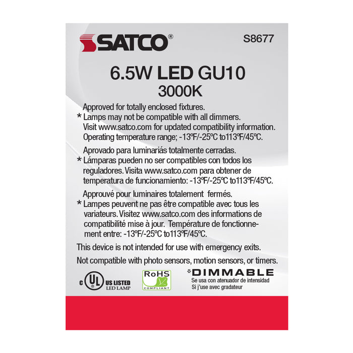 SATCO/NUVO 6.5W LED MR16 3000K 25 Degree Beam Spread GU10 Base 120V (S8677)