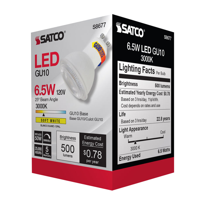 SATCO/NUVO 6.5W LED MR16 3000K 25 Degree Beam Spread GU10 Base 120V (S8677)