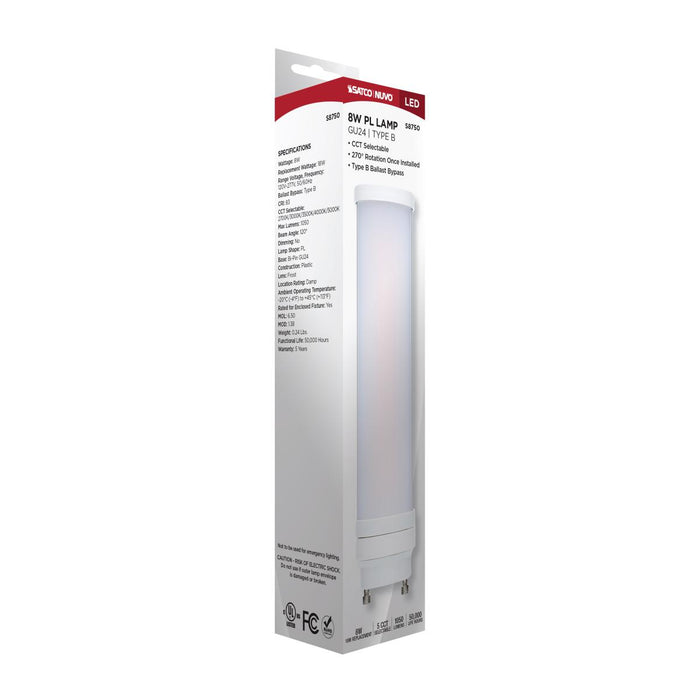 SATCO/NUVO 8W LED PL GU24 Base CCT Selectable 2700K/3000K/3500K/4000K/5000K Type B Ballast Bypass 120-277V (S8750)