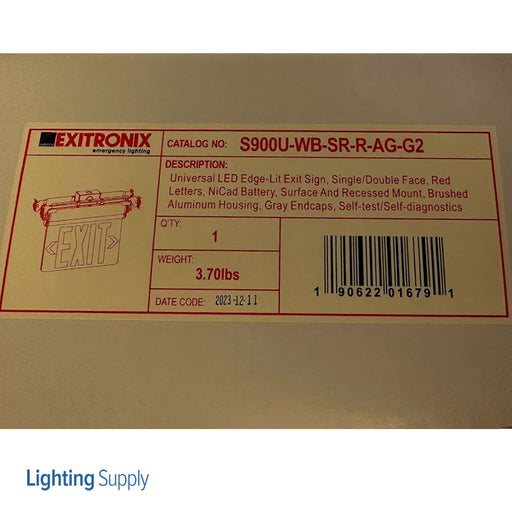 Exitronix Universal LED Edge-Lit Exit Sign Single/Double Face Red Letters NiCad Battery Surface/Recessed Mount Brushed Aluminum Finish Gray Endcaps Self-Test/Self-Diagnostics (S900U-WB-SR-R-AG-G2)