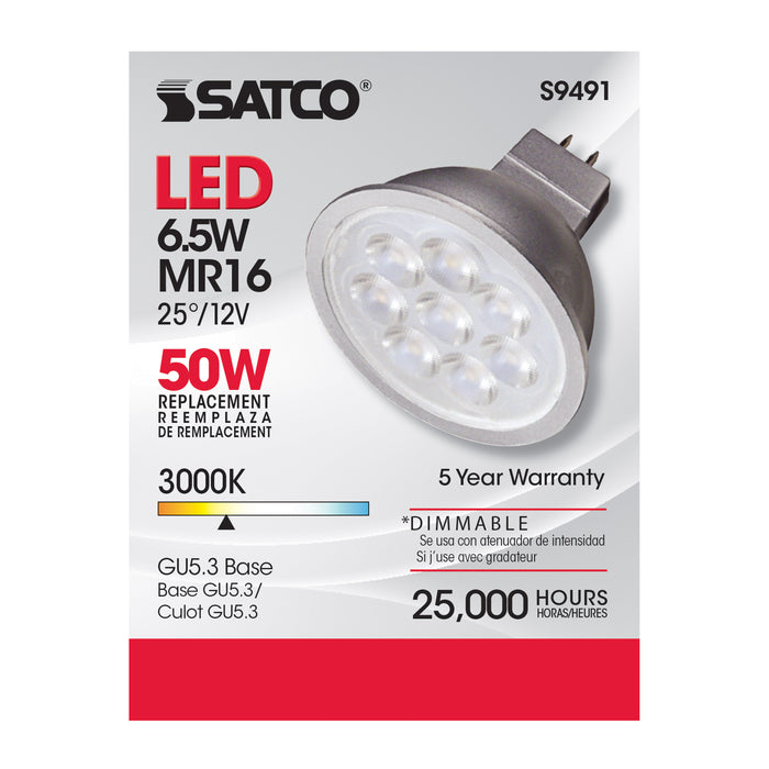 SATCO/NUVO 6.5MR16/LED/25'/30K/12V 6.5W LED MR16 LED 3000K 25 Degree Beam Spread GU5.3 Base 12V AC/DC (S9491)