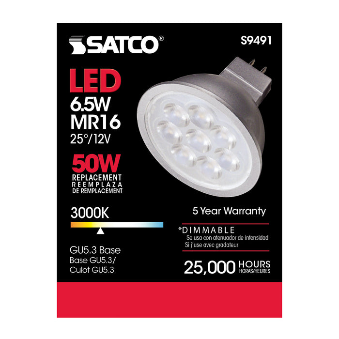 SATCO/NUVO 6.5MR16/LED/25'/30K/12V 6.5W LED MR16 LED 3000K 25 Degree Beam Spread GU5.3 Base 12V AC/DC (S9491)