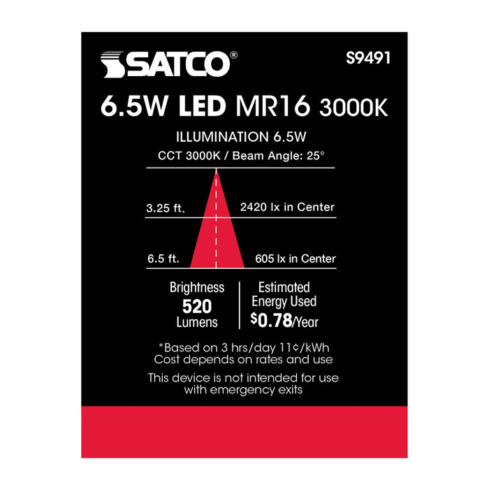 SATCO/NUVO 6.5MR16/LED/25'/30K/12V 6.5W LED MR16 LED 3000K 25 Degree Beam Spread GU5.3 Base 12V AC/DC (S9491)