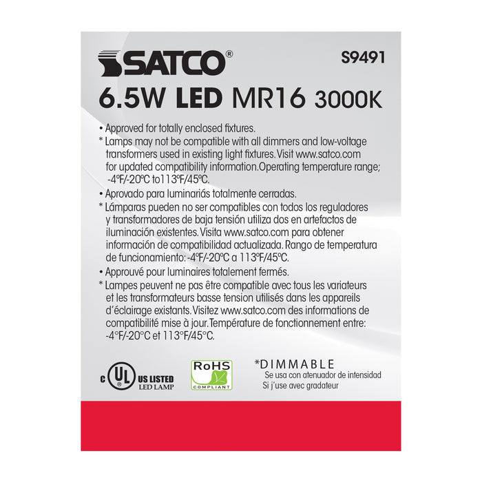 SATCO/NUVO 6.5MR16/LED/25'/30K/12V 6.5W LED MR16 LED 3000K 25 Degree Beam Spread GU5.3 Base 12V AC/DC (S9491)