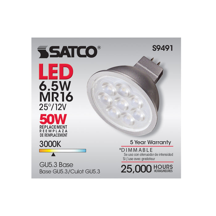 SATCO/NUVO 6.5MR16/LED/25'/30K/12V 6.5W LED MR16 LED 3000K 25 Degree Beam Spread GU5.3 Base 12V AC/DC (S9491)