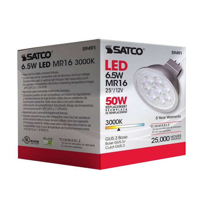 SATCO/NUVO 6.5MR16/LED/25'/30K/12V 6.5W LED MR16 LED 3000K 25 Degree Beam Spread GU5.3 Base 12V AC/DC (S9491)