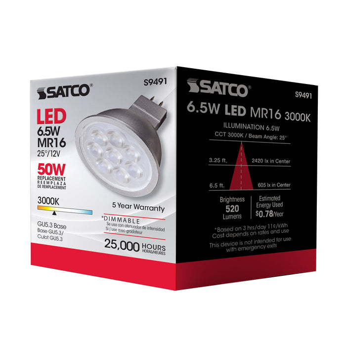 SATCO/NUVO 6.5MR16/LED/25'/30K/12V 6.5W LED MR16 LED 3000K 25 Degree Beam Spread GU5.3 Base 12V AC/DC (S9491)