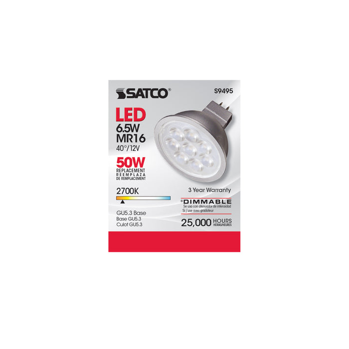 SATCO/NUVO 6.5MR16/LED/40'/27K/12V 6.5W LED MR16 LED 2700K 40 Degree Beam Spread GU5.3 Base 12V AC/DC (S9495)