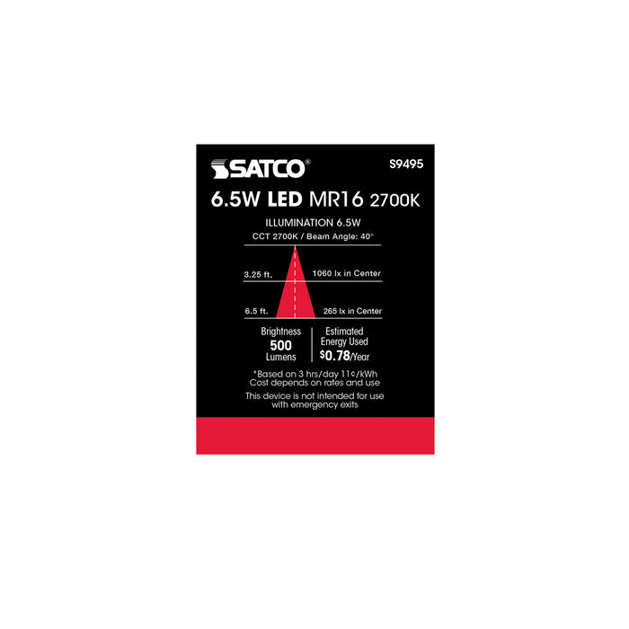 SATCO/NUVO 6.5MR16/LED/40'/27K/12V 6.5W LED MR16 LED 2700K 40 Degree Beam Spread GU5.3 Base 12V AC/DC (S9495)