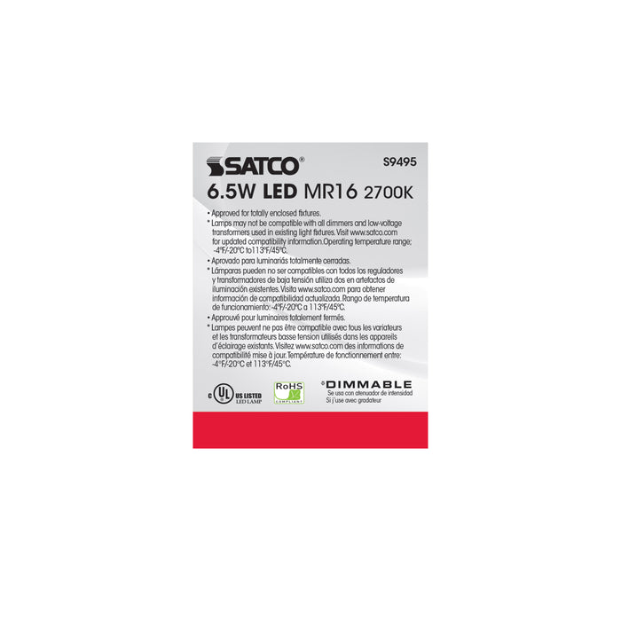 SATCO/NUVO 6.5MR16/LED/40'/27K/12V 6.5W LED MR16 LED 2700K 40 Degree Beam Spread GU5.3 Base 12V AC/DC (S9495)
