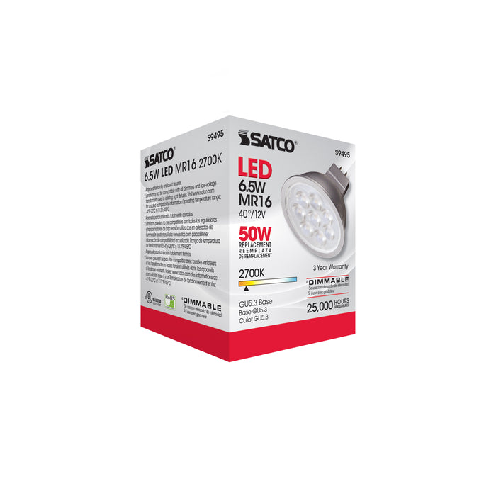 SATCO/NUVO 6.5MR16/LED/40'/27K/12V 6.5W LED MR16 LED 2700K 40 Degree Beam Spread GU5.3 Base 12V AC/DC (S9495)