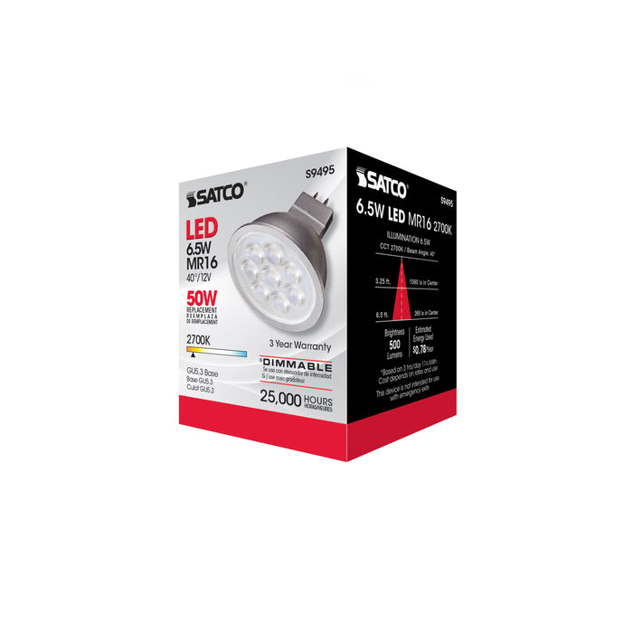 SATCO/NUVO 6.5MR16/LED/40'/27K/12V 6.5W LED MR16 LED 2700K 40 Degree Beam Spread GU5.3 Base 12V AC/DC (S9495)