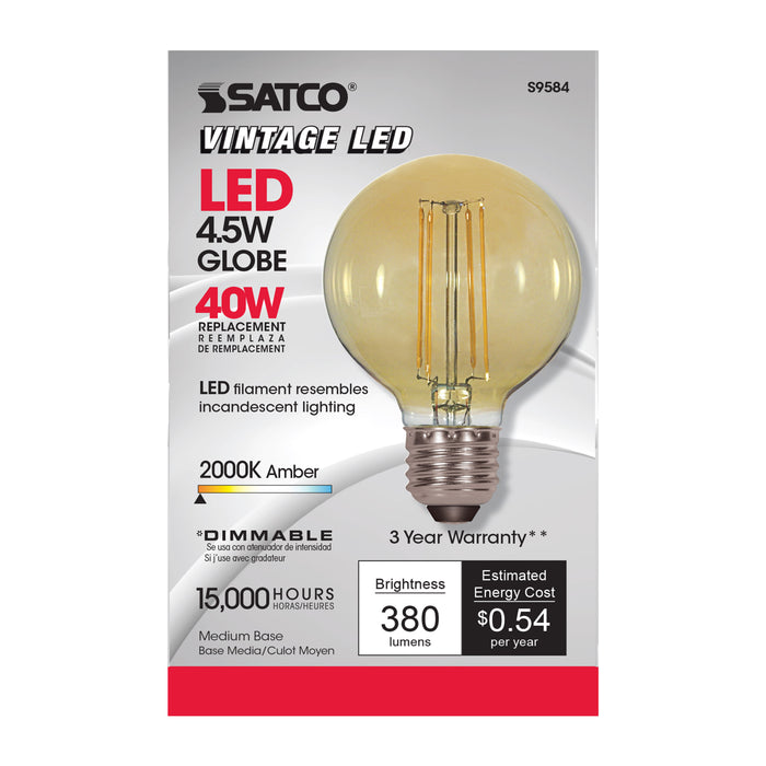 SATCO/NUVO 4.5G25/AMB/LED/E26/22K/120V 4.5W G25 LED Amber Medium Base 2000K 380Lm 120V (S9584)