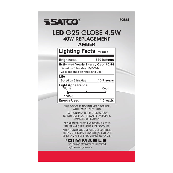 SATCO/NUVO 4.5G25/AMB/LED/E26/22K/120V 4.5W G25 LED Amber Medium Base 2000K 380Lm 120V (S9584)