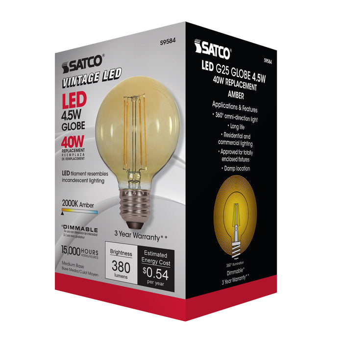 SATCO/NUVO 4.5G25/AMB/LED/E26/22K/120V 4.5W G25 LED Amber Medium Base 2000K 380Lm 120V (S9584)