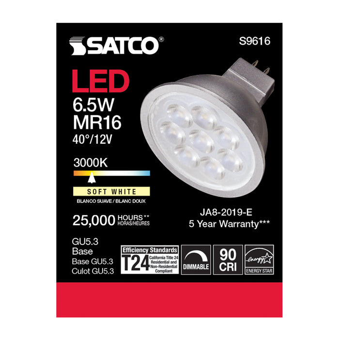 SATCO/NUVO 6.5MR16/LED/40'/30K/12V/90CRI 6.5W LED MR16 LED 3000K 40 Degree Beam Spread GU5.3 Base 12V AC/DC (S9616)