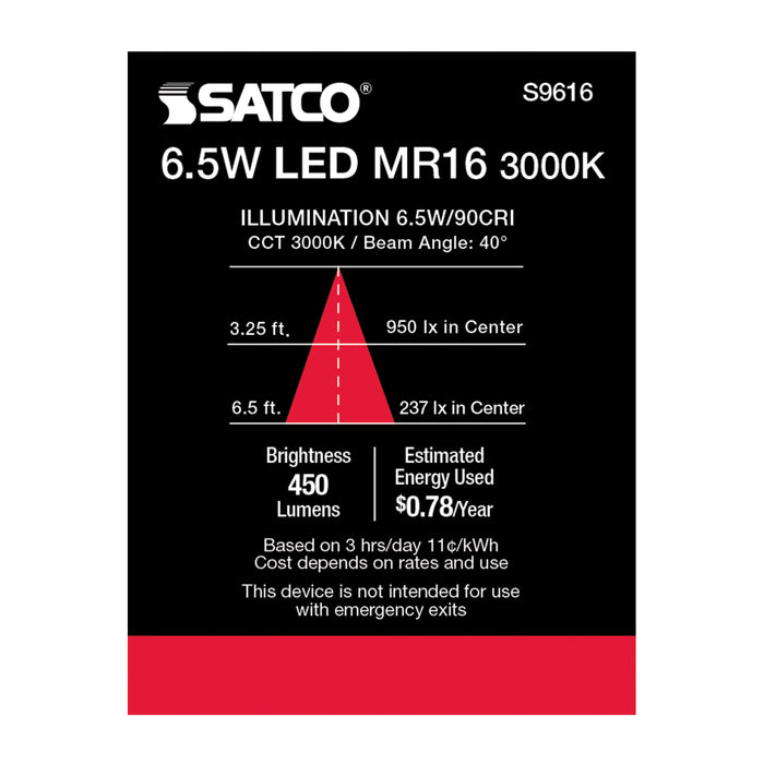 SATCO/NUVO 6.5MR16/LED/40'/30K/12V/90CRI 6.5W LED MR16 LED 3000K 40 Degree Beam Spread GU5.3 Base 12V AC/DC (S9616)