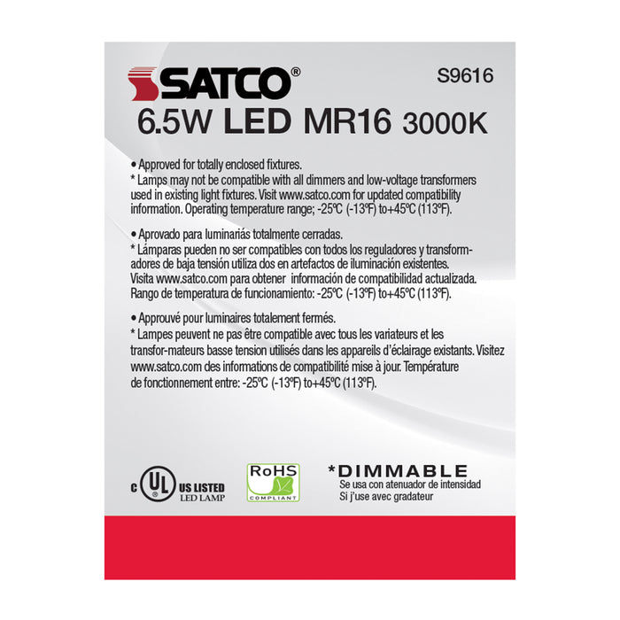 SATCO/NUVO 6.5MR16/LED/40'/30K/12V/90CRI 6.5W LED MR16 LED 3000K 40 Degree Beam Spread GU5.3 Base 12V AC/DC (S9616)