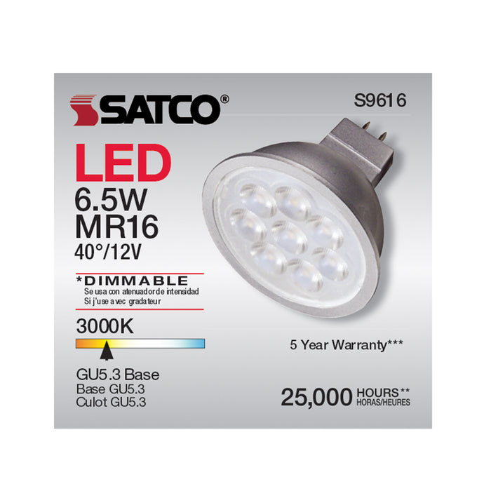 SATCO/NUVO 6.5MR16/LED/40'/30K/12V/90CRI 6.5W LED MR16 LED 3000K 40 Degree Beam Spread GU5.3 Base 12V AC/DC (S9616)
