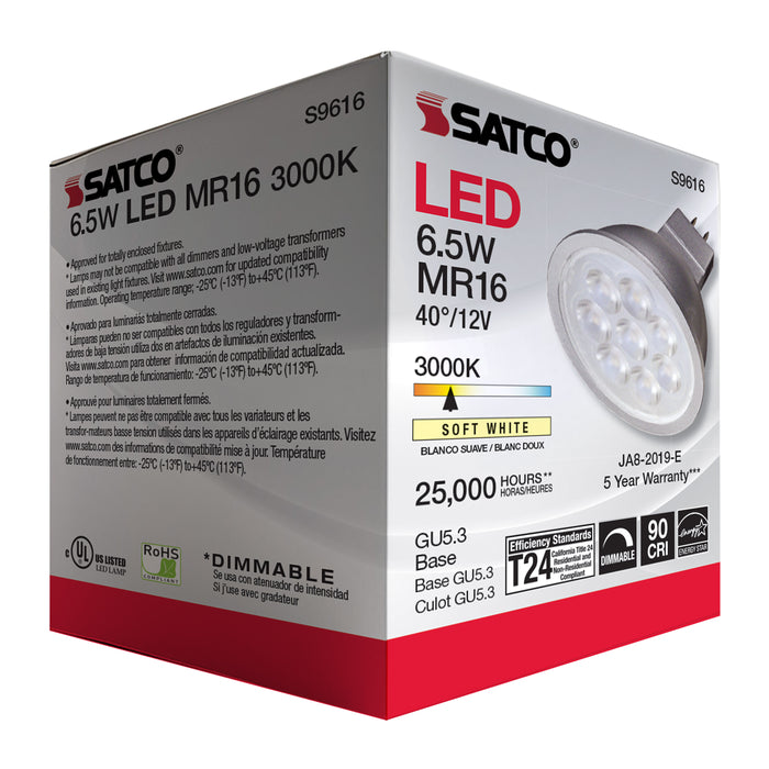 SATCO/NUVO 6.5MR16/LED/40'/30K/12V/90CRI 6.5W LED MR16 LED 3000K 40 Degree Beam Spread GU5.3 Base 12V AC/DC (S9616)
