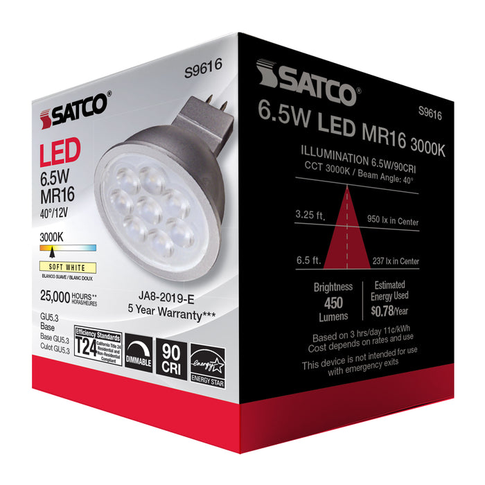SATCO/NUVO 6.5MR16/LED/40'/30K/12V/90CRI 6.5W LED MR16 LED 3000K 40 Degree Beam Spread GU5.3 Base 12V AC/DC (S9616)