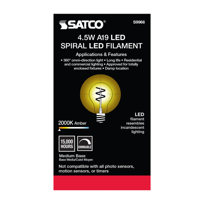 SATCO/NUVO 4A19/SPIRAL/LED/AMB/120V 4.5W A19 LED Amber Medium Base 2000K 260Lm 120V (S9966)