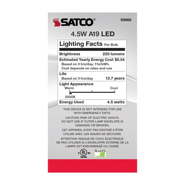 SATCO/NUVO 4A19/SPIRAL/LED/AMB/120V 4.5W A19 LED Amber Medium Base 2000K 260Lm 120V (S9966)